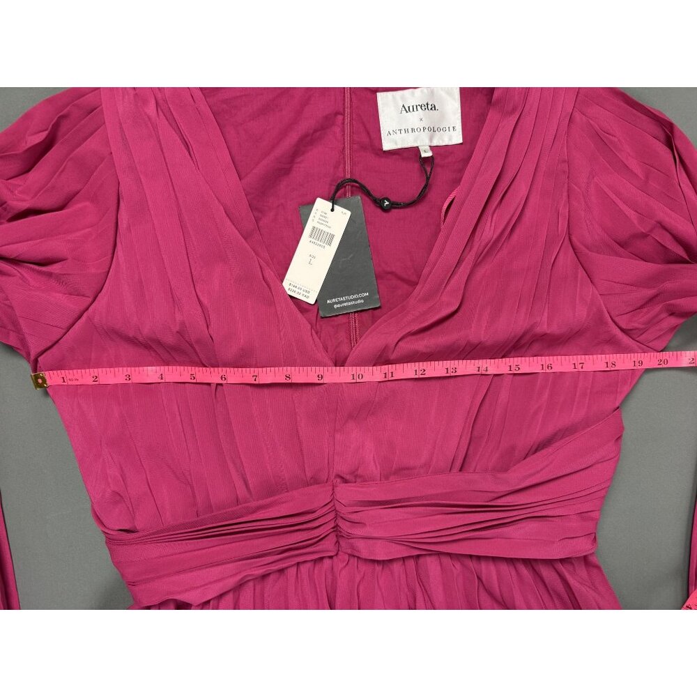 NWT Anthropology x Aureta Pleated Long-Sleeve V-Neck Dress Pink L - Picture 5 of 7